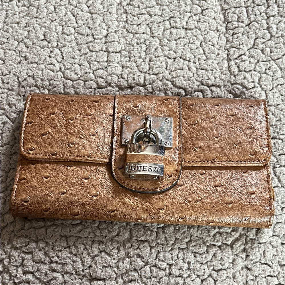 Guess Brown Ostrich-Embossed Leather Lock Front Wallet